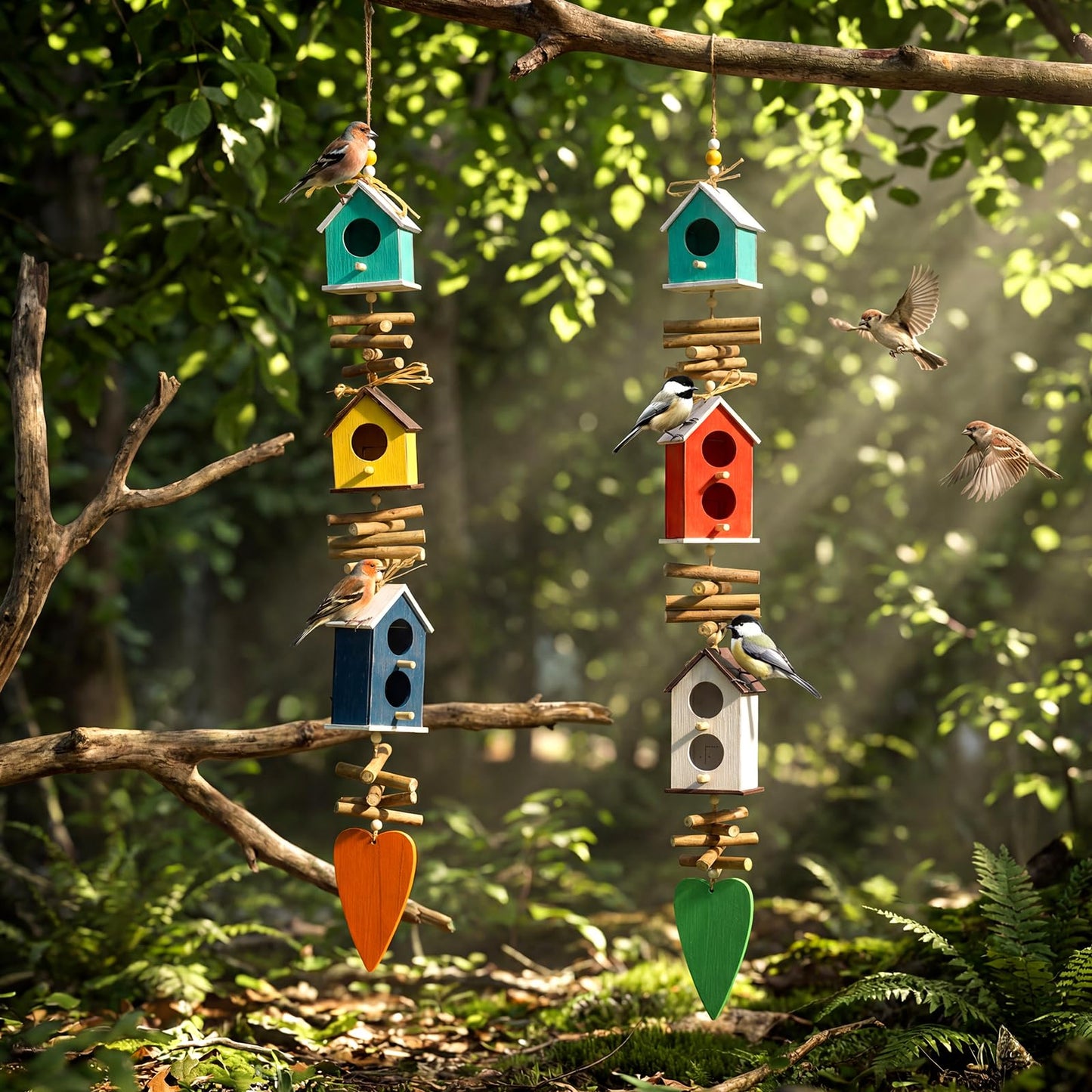 2 Pack Birdhouse Bird Feeders for Outdoor, Colourful Hanging Wooden Bird Feeder Outside Garden Yard Farmhouse Birds Feeders for Country Yard Garden Decoration for Cardinals Finches Chickadees