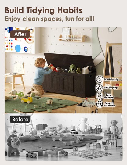 DINZI LVJ Storage Chest, 50” Extra Large Storage Bench with 2 Safety Hinges, Wooden Toy Box with Flip-Top, Large Trunk for Living Room, Playroom, Easy Assembly, Espresso
