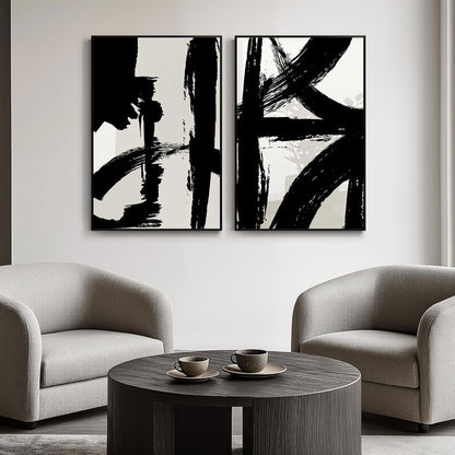 Set of 2 Framed Black and White Brush Stroke Canvas Wall Art Modern Abstract Minimalist Ink Line Painting Retro Mid-Century Geometric Poster Prints for Office Home Decor (12inx16in Framed)