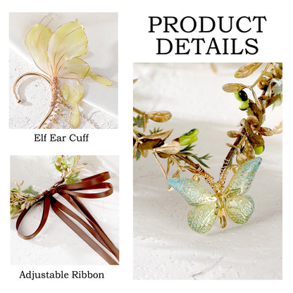 MOSTORY Butterfly Fairy Accessories Set - Green Flower Elf Crown Elf Ear Cuffs Kit for Woodland Renaissance Costume Women Forest Fantasy Fairycore Cosplay