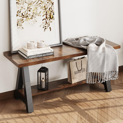 Welfuturer 43" Farmhouse Wood Bench Industrial Entryway Bench Rustic Wood and Metal Shoe Storage Bench for Entryway, Living Room, Dining Room