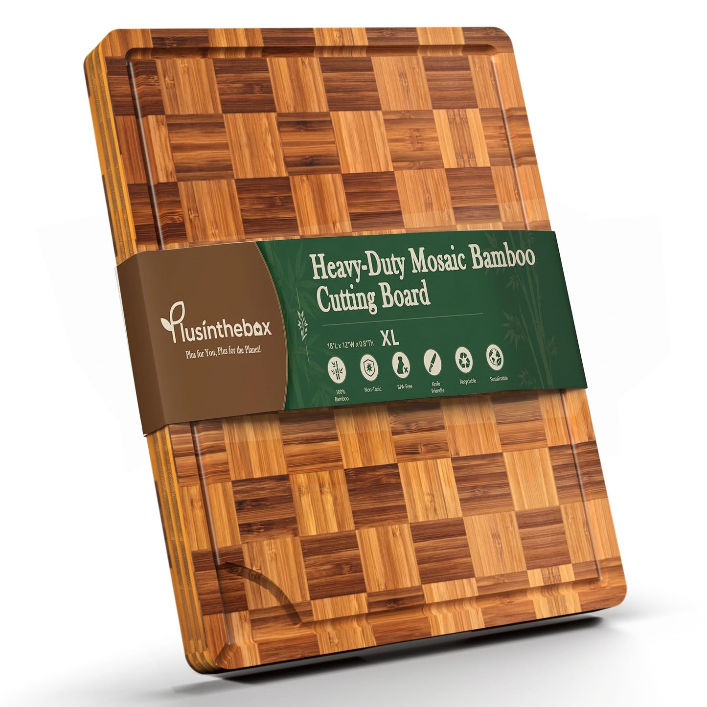 Plusinthebox Bamboo Cutting Board 18" x 12", Heavy Duty Checkered End Grain Butcher Block for Kitchen with Deep Juice Grooves and Handles for Meat, Cheese, Charcuterie and Dough