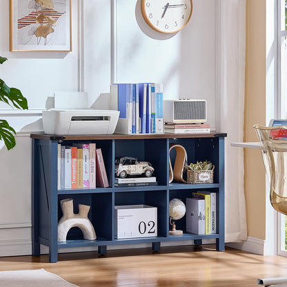 Joaxswe 6 Cube Bookcase, Farmhouse Wood Low Storage Organizer Book Shelf, 47" Horizontal Navy Blue Console Bookshelf with Legs, Hallway Book Case for Entryway, Display Cabinet for Living Room, Office