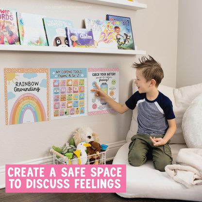 Hadley Designs 9 Calming Corner Posters for Classroom Must Haves - Calm Down Corner Supplies with Emotions Chart, School Counselor Mental Health Poster, Feelings Chart For Kids, Pastel Classroom Decor