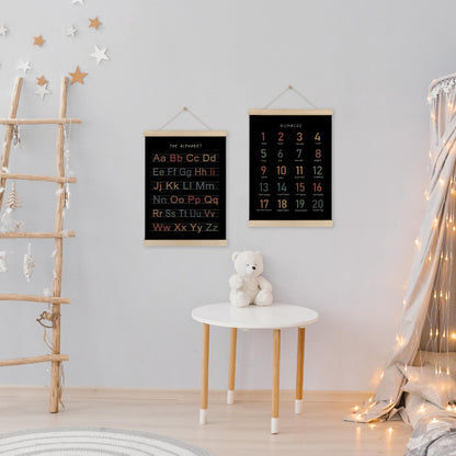 HRQKO Alphabet Numbers Poster Hanger Frame Set of 2, Black Nursery Wall Decor, ABC Poster Wall Art with Wooden Frames, Boho Alphabet Banner Wall Hanging Decor for Toddler Playroom, 12x16 Inch