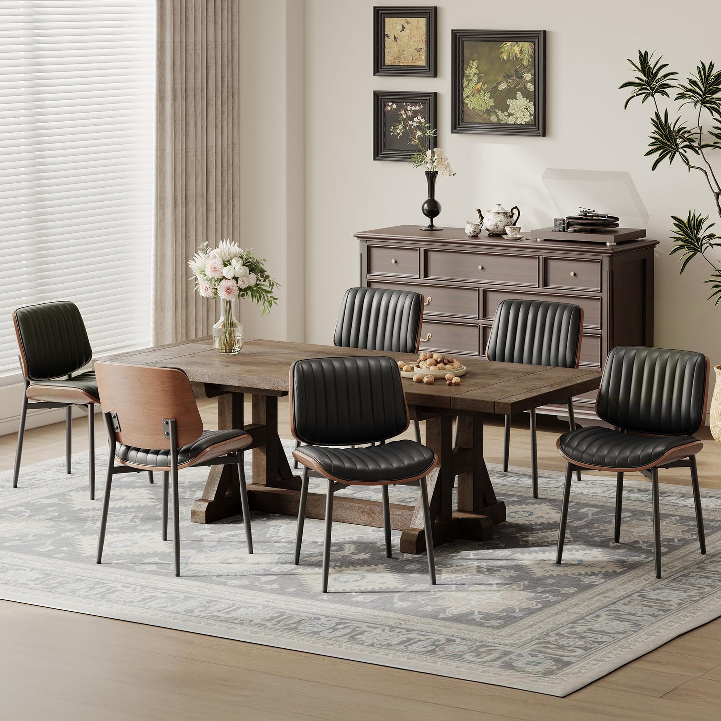 MALOL Leather Dining Chairs Set of 6, Modern Upholstered Dining Room Kitchen Chairs with Metal Legs and Wooden Back Support for Home Dining Room/Restaurant, Black