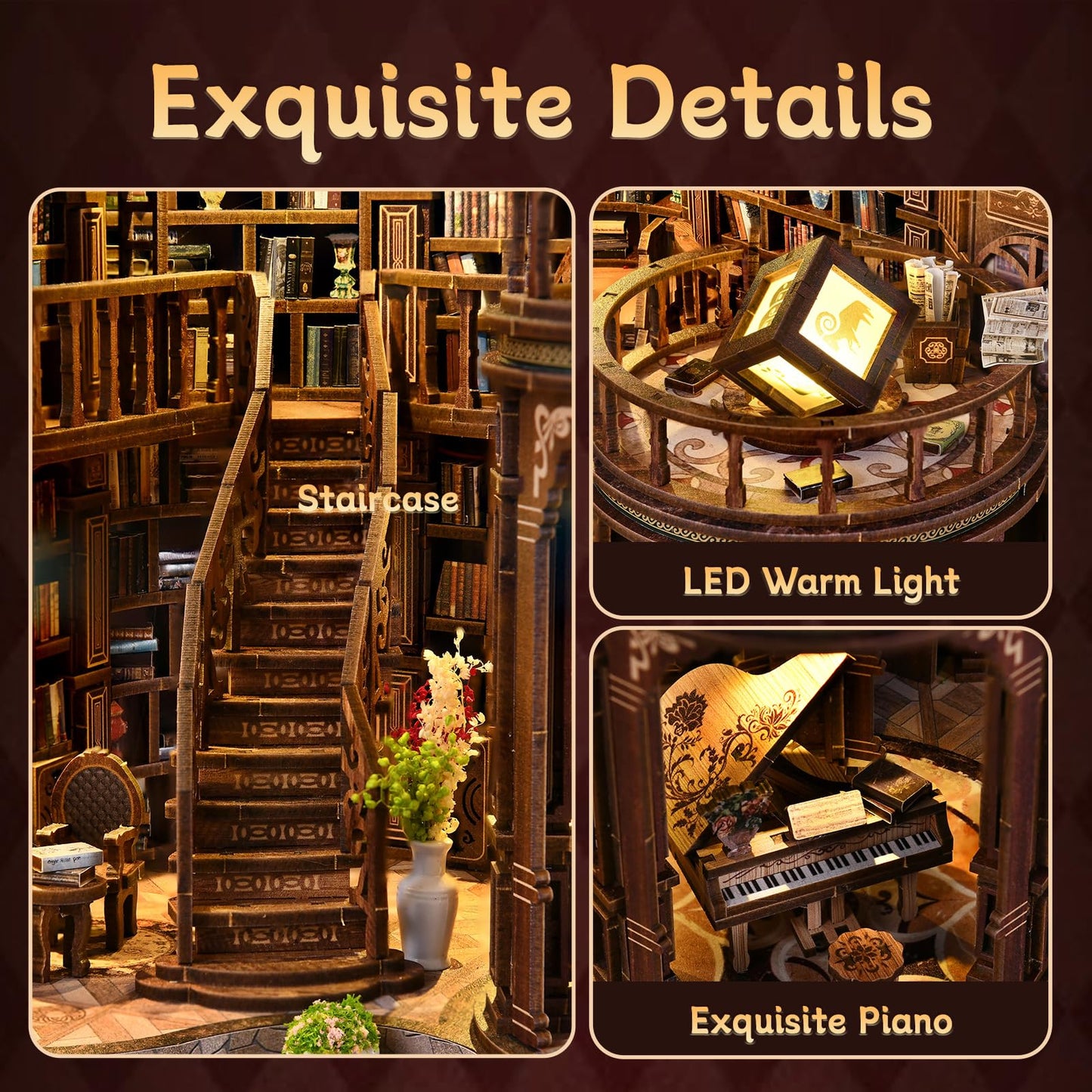 Book Nook Kit, DIY Miniature House with LED for Bookshelf Decor, Dreamy Book Hall 3D Wooden Puzzle Bookend, Relaxing DIY Craft for Adults & Teens (14+), 888PCS, Gift for Friends & Family