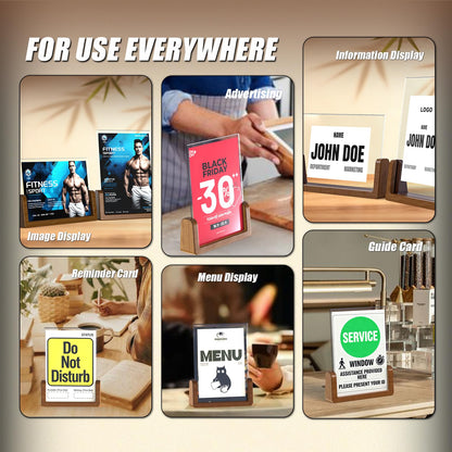 Walnut Wood U-Base 5"x7"Sign Holder Set – Premium U-Shaped Tabletop Display Stand with Clear Acrylic Panels,4Pack (3 Vertical + 1 Horizontal)5*7inches – Ideal for Photo, Menu, QR Code, Café, Home Décor