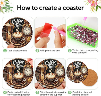 8 Pcs Coffee Diamond Art Coasters Kits, Coffee Diamond Painting Coasters Kit Set with Holder Cork Pads, DIY Diamonds Art Non Slip Coaster Crafts Kits for Adults Beginners Gifts