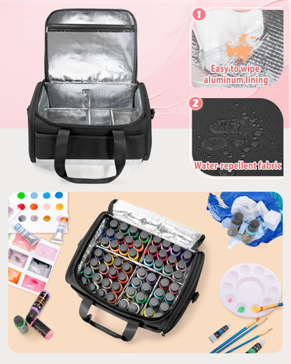 Marscamd Acrylic Paint Organizer Holds 60 Bottles (2 oz), Acrylic Paint Storage Bag with Tools Storage Sections and Crossbody Strap, Black