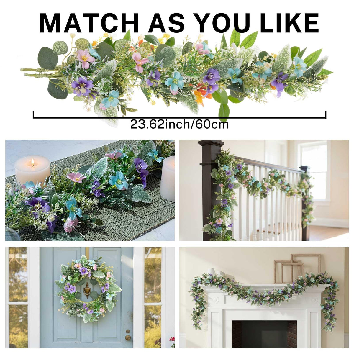 MOYEE Summer Centerpieces for Tables Wreath with Candle Holder,Candle Ring, Black Metal Candlestick with an Artificial Wreaths 14 in Versatile Dining Table Centrepiece (Blue and Purple Flower Wreath)