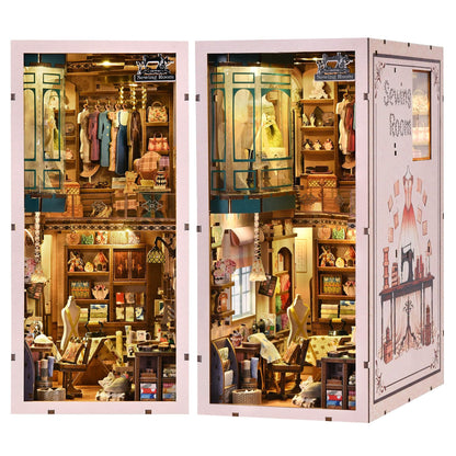 fifijoy Book Nook Kit - Sewing Room DIY Miniature House Dollhouse Kit for Adults and Teens, Booknook Tiny House Bookshelf Decor 3D Wooden Puzzle, Gifts for Family and Friends