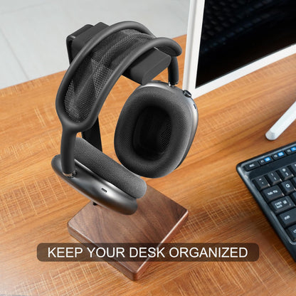 GEVO Headphone Stand Headset Holder - Headset Metal Mount Rack for Desk with Walnut Wooden Square Base for Gaming, AirPod Max, Bose, Sony, Razer, Jabra, JBL
