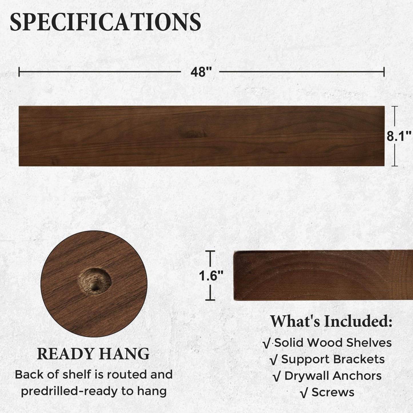 Axeman Floating Shelves, 8 Inch Deep Modern Solid Wood Wall Shelves for Storage, Wall Mounted Display Shelving with Invisible Heavy-Duty Metal Bracket, 48" W x 8" D x 1.6" H, Walnut