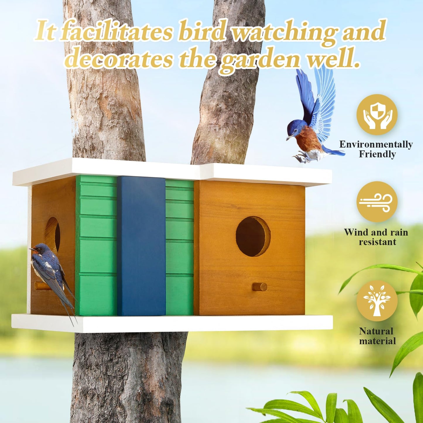 CLACKIBUKVYZ Bird House - Wooden Birdhouse with 2 Entrances - Outdoor Hanging Bird Nesting Box for Bluebirds, Finches, Cardinals - Durable Solid Wood Design, Ideal for Garden Decoration