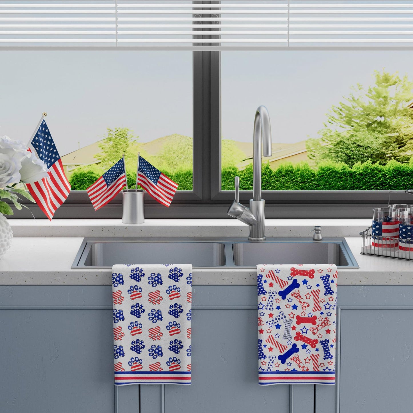 XCHI Dog Paws Bones Stars America Patriotic 4th of July Memorial Day Independence Day Kitchen Towels Dish Towels 18x26 Inch Home Decorations Hand Towels Set of 2 Drying Dishcloth