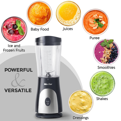 Mueller Smoothie Blender for Smoothies - Personal Blender for Shakes, Frozen Drinks, Baby Food & More, 15oz Travel Cup and Lid, Durable Stainless Steel Blades for Powerful Blending Performance, Black