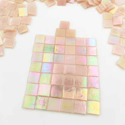 320PCS Square Iridescent Stained Glass Mosaic Tiles, 1.1LB Mosaic Tiles for DIY Crafts, 0.6" Bright Mosaic Glass Pieces for Art Craft and Home Decorations (Iridescent Light Pink F434, 0.6")