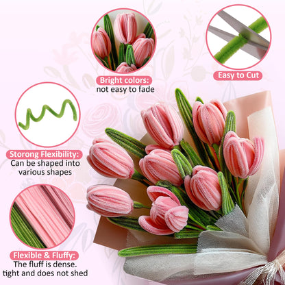 EARLY MINDS 500 Pcs Pipe Cleaners Craft Kit for Flower Making, DIY Bouquet Set with 8mm Chenille Stems, Step-by-Step Tutorial, Floral Wire, Ribbon & Tools for Handmade Gifts and Decor, Pink