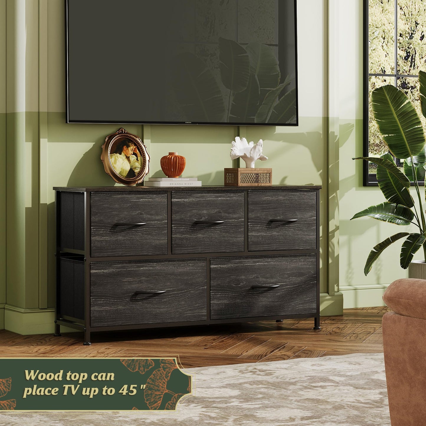 WLIVE Dresser for Bedroom with 5 Drawers, Wide Chest of Drawers, Fabric Dresser, Storage Organizer Unit with Fabric Bins for Closet, Living Room, Hallway, Charcoal Black Wood Grain Print