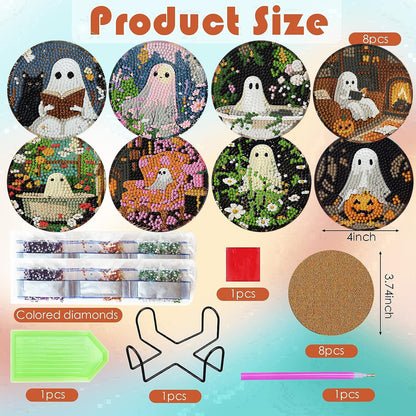 8 Pack Halloween Diamond Art Coasters Kits, Halloween Diamond Painting Coasters Kit with Holder, DIY Ghost Diamonds Art Non Slip Coaster Crafts Kits for Adults Gifts 4x4 inch (Cork Wooden Pad)