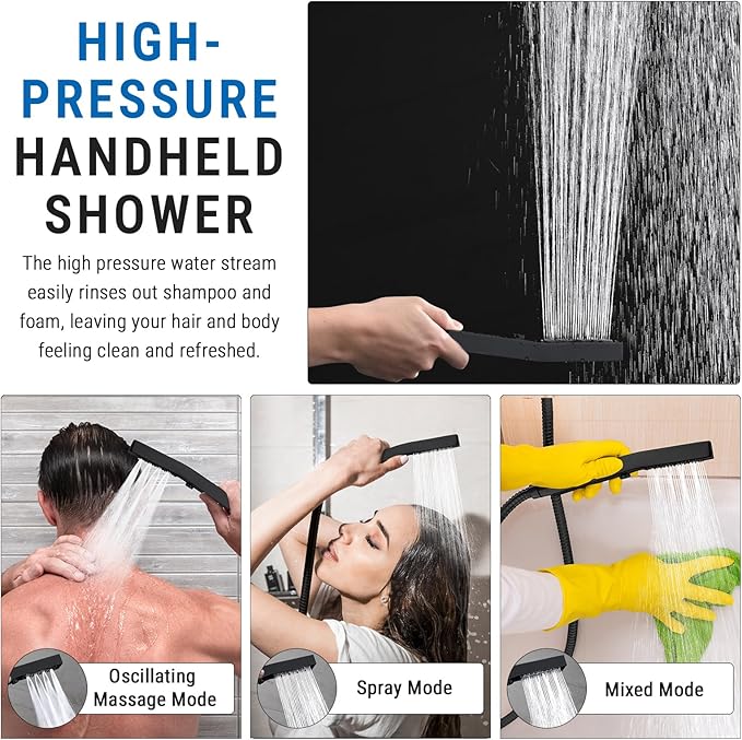 G-Promise All Metal 10 Inch Rain Shower Head with Massage Mode Handheld Spray Combo, 3-Way Diverter with Pause Setting, Full Body Coverage, Modern Bathroom Upgrade (Matte Black)