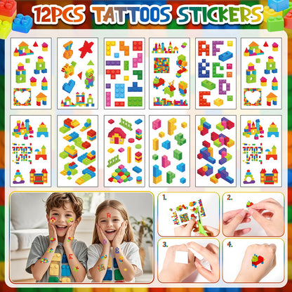 Building Block Birthday Party Decorations Supplies Kit - Balloons Tablecloth Banners Cake Toppers Foil Balloons Tattoo Stickers - Birthday Decorations for Kids Boys Girls Building-Themed Celebration