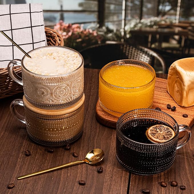 Vintage Coffee Mugs 4pcs Set, 14 Oz Glass Coffee Cups Gifts for Women, Overnight Oats containers with Bamboo Lids and Spoons,Clear Embossed Glass Cups,Cute Coffee Bar Accessories, Iced Coffee Glasses | Clear