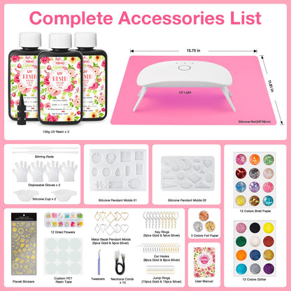 YIEHO 300g UV Resin Kit with Light and Molds, Upgraded Crystal Clear Hard UV Curing Premixed Resin Starter Jewelry Making Kit for DIY Keychain, Earring and Necklace