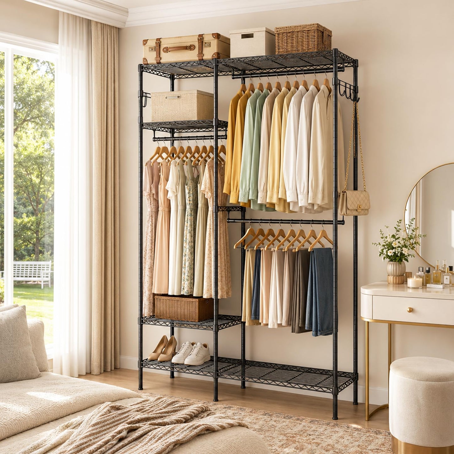 UEAKPIC Heavy Duty Clothes Rack, Portable Clothing Garment Rack for Hanging Clothes, Adjustable Storage Closet with Wire Shelves and Hanging Rods, Freestanding Closet Organizer, Max Load 700Lbs, Black