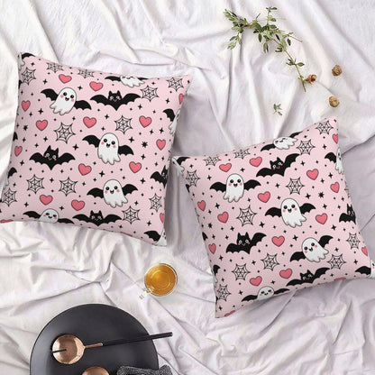 Halloween Pink Cute Ghost Bats Heart Decorative Pillow Covers 18x18 Inch Set of 2 Rustic Boho Flower Outdoor Throw Pillows Neutral Farmhouse Decoration Cushion Cases for Sofa Couch Bed Decor