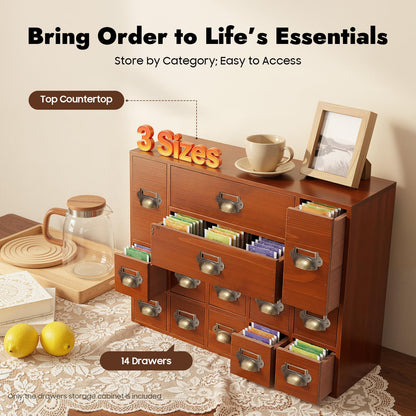 14 Drawers Apothecary Drawers Card Catalog Cabinet,Wooden Storage Box with Drawers,Library Card Catalog Cabinet for Desktop Organizer,Brown