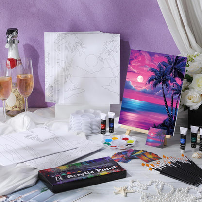Ctosree 72 Pcs Vivid Sunset Paint and Sip Kit for Adults 8'' x 10'' Pre Drawn Canvas for Painting DIY Pre Printed Canvas for Party Favor Acrylic Painting Kit Wood Easel Brushes Date Night Bulk