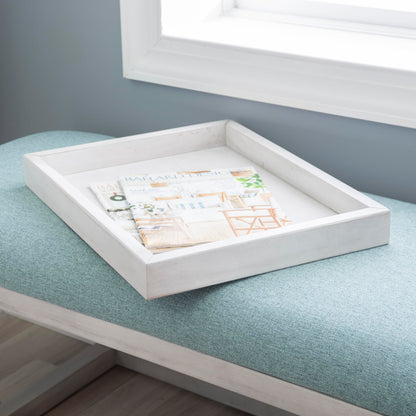 Powell Oakland White Washed Wooden Bench with Aqua Upholstered Seat and Removable Wood Tray