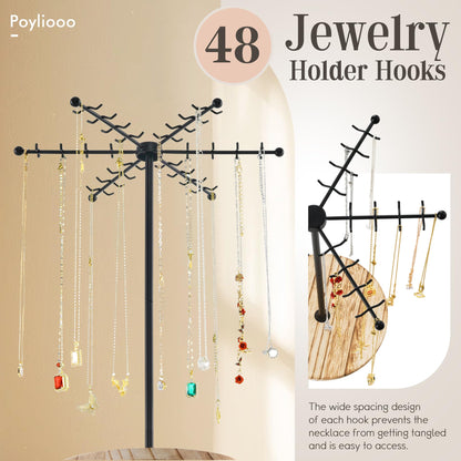 Poyilooo Necklace Holder Jewelry Stand, Rotating Necklace Holder Organizer with 48 Hooks for Necklace Earring Keychains Bracelet Display Stand, Metal Necklace Tree Stand -Gifts for Women (Black)