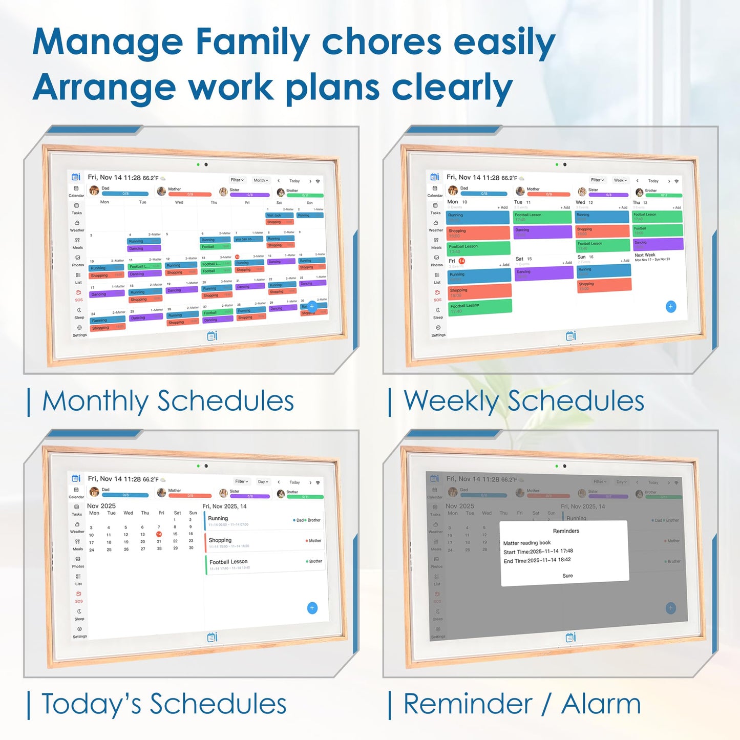 USIN 15.6 inch Wooden Digital Calendar, Wall Touch Screen Home Organizer, Family Chore Charts and Meal Planner, Interactive Display schedule, Desk and Wall Mounted, Smart Electronic Calendars with Free App