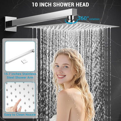10" Rain Shower Faucet Set with Tub Spout, Chrome | Anti-scald cartridge, air tech boosts pressure 50%, 3-func diverter, NPT 1/2