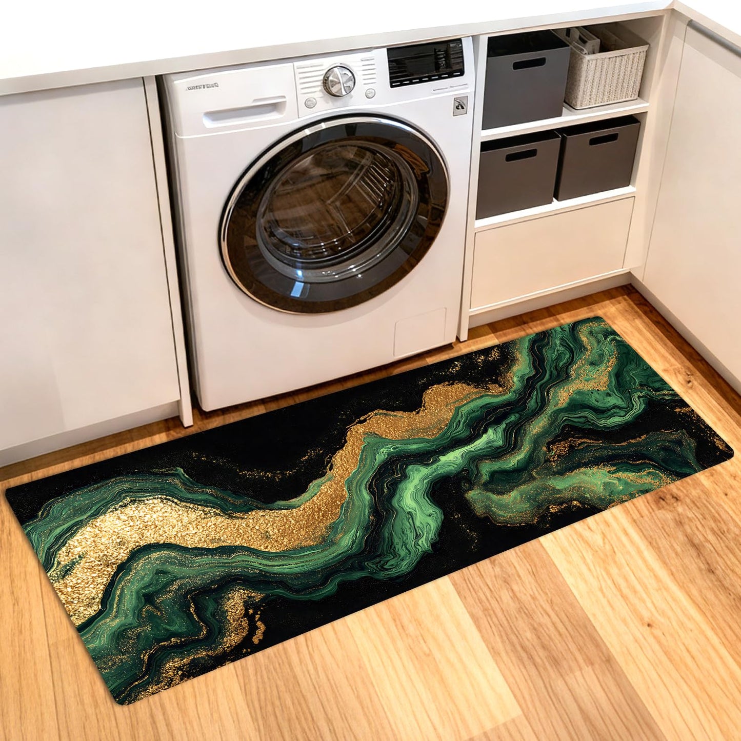 ANNA QUEEN Green Marble Pattern Laundry Room Rug 20x47 Inch – Non Slip Green Marble Pattern Mat for Laundry Room, Kitchen, Entryway, Holiday Decor