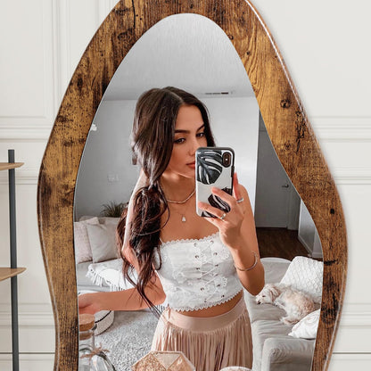 FEUFOAM Full Length Mirror 59" x 24" Irregular Wall Mirrors Wood Framed Full Body Mirror Hanging or Leaning Against Wavy Floor Mirrors for Living Room Bedroom Entryway Bathroom Retro Brown