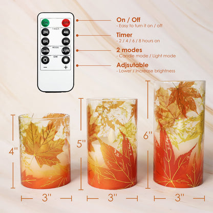 Crystal Club Fall Flameless Candles, Autumn Maple Leaves LED Flickering Candles with Remote and Timer, Battery Operated Glass Effect Pillar Candles for Fall Home Thanksgiving Home Décor