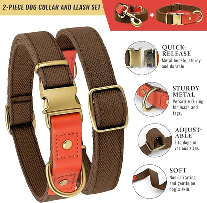 Dog Collar and Leash Set with Metal Quick Release Buckle, Adjustable, Breathable Nylon, Durable, Soft and Comfortable, No Pull for Walking and Training, Brown, XL (16.9"-26")