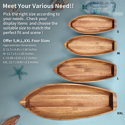 CAMLOT Lucky Boat Serving Tray, Acacia Solid Wood Interesting Shape Plate for Serving Desserts, Fruit, Snack and House Ornament,Key Tray,Functional and Storage Decorative Bowl。(M)