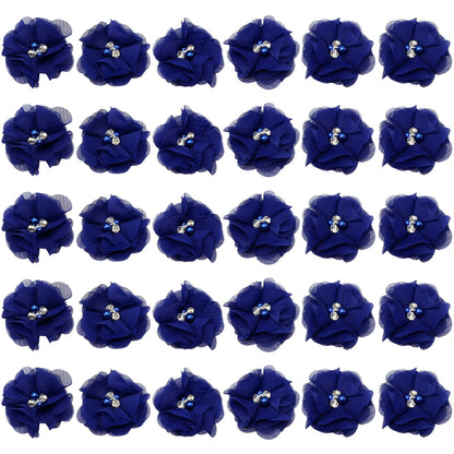 30pcs Rhinestone Chiffon Flower 2" Sewing Fabric Appliques for Clothing Craft Party Wedding Decor Tassel Topper Decoration Gift Wrapping Headbands Hair Accessories DIY (Dark Blue)