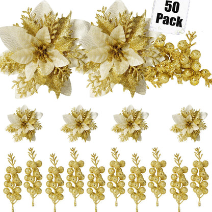 trytuny 50pcs Glitter Poinsettia Christmas Ornaments, Artificial Flowers with Clips Stems for DIY Wreath Making, Holiday Home Party Decorations, Indoor Use (Gold)