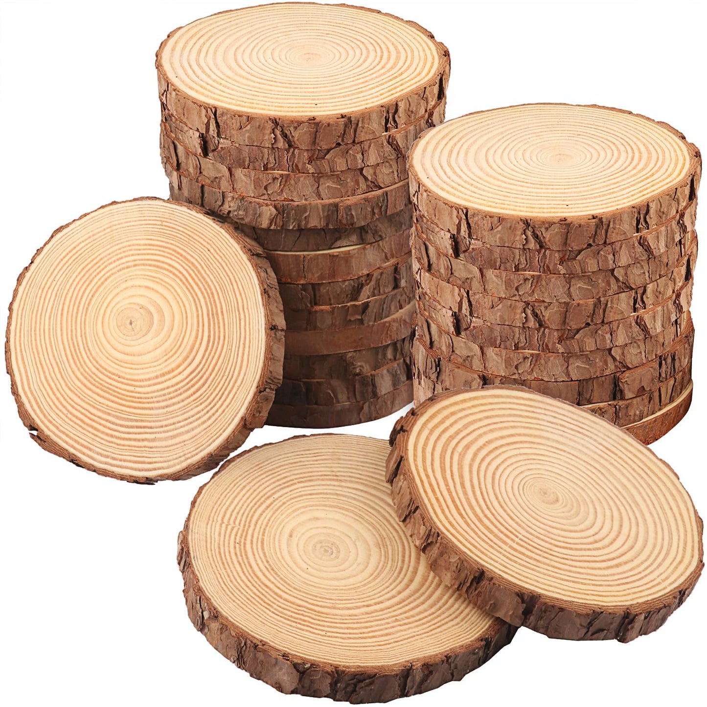 24 PCS 5.5-6.3 Inch Natural Wood Slices, Unfinished Pine Wood Circles with Barks for Coasters, DIY Crafts, Christmas Rustic Wedding Ornaments and Centerpieces,by GNIEMCKIN