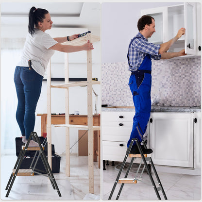 DIAMONDFORGE 2 Step Ladder, Lightweight Folding Step with Wide Anti-Slip Pedal & Feet, 330 lbs Capacity,Sturdy Steel Step Ladder for Home,Kitchen and Office,Woodgrain