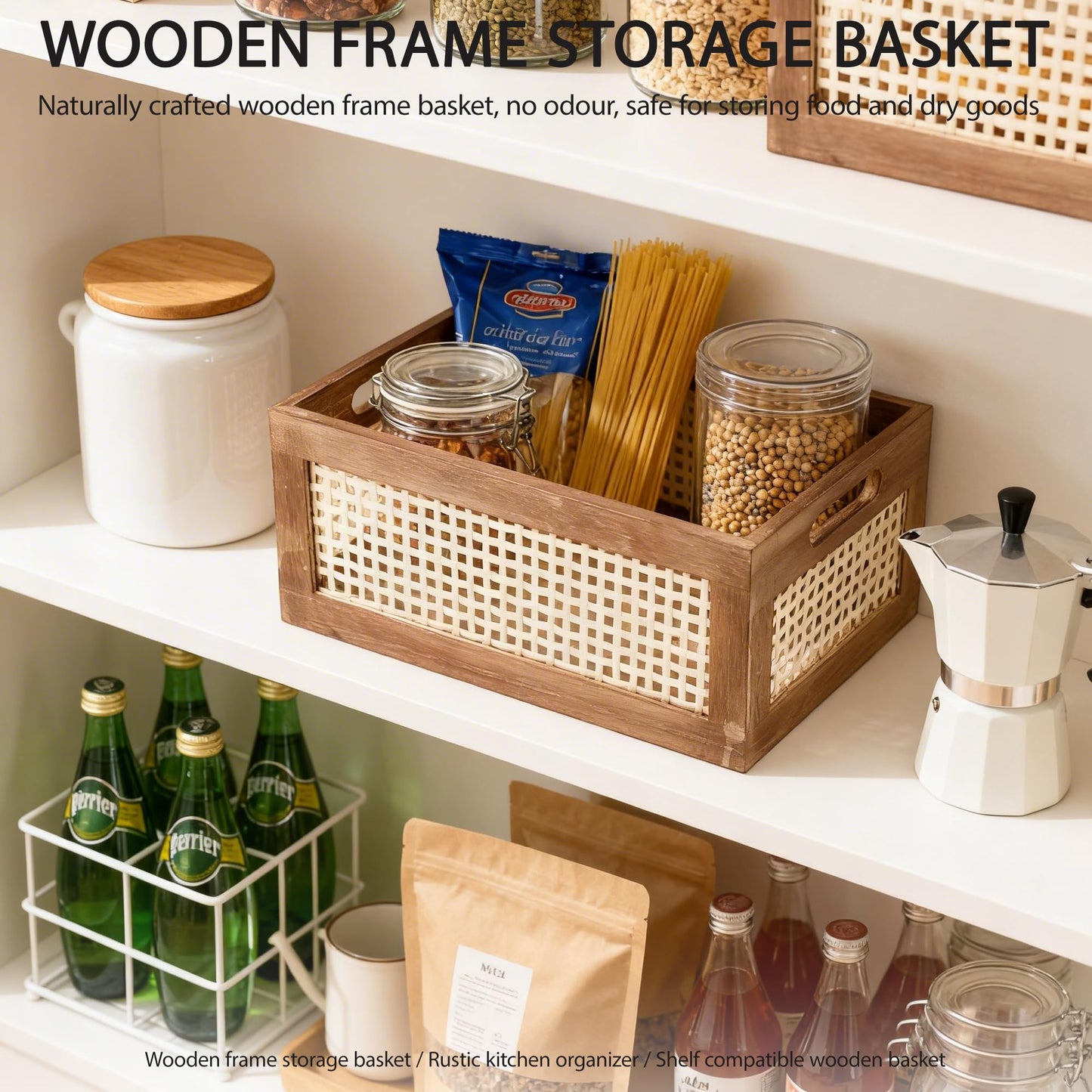 HODAKJUE Boho Wooden Storage Basket with Bamboo Woven Panel, Decorative Handle Organizer Bin for Shelves, Kitchen, Pantry, Closet & Countertop, 11.81 x 7.87 x 5.51 Inch