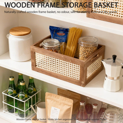 HODAKJUE Boho Wooden Storage Basket with Bamboo Woven Panel, Decorative Handle Organizer Bin for Shelves, Kitchen, Pantry, Closet & Countertop, 11.81 x 7.87 x 5.51 Inch