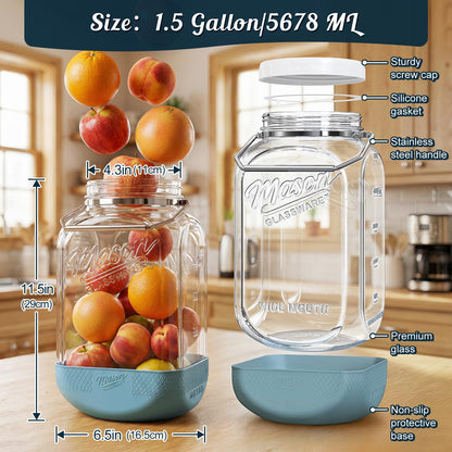 2 Pack 1.5 Gallon Large Glass Jar with Airtight Lid, Wide Mouth Glass Flour Sugar Storage Containers with Scale Marks for Pantry Organizers, Glass Canisters with Heavy-duty Handles & Non-slip Bases