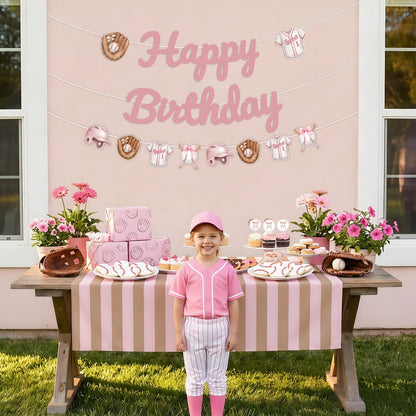 SHADOAMP Baseball Birthday Party Decorations Girl, Pink “Happy Birthday” Banner and Hanging Cutouts - Softball Themed Garland Kit with Gloves, Jerseys, Helmets - DIY Paper Set for Sporty Girl